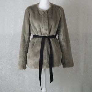 GAP Faux Fur Coat with Black Tie Belt at Waist